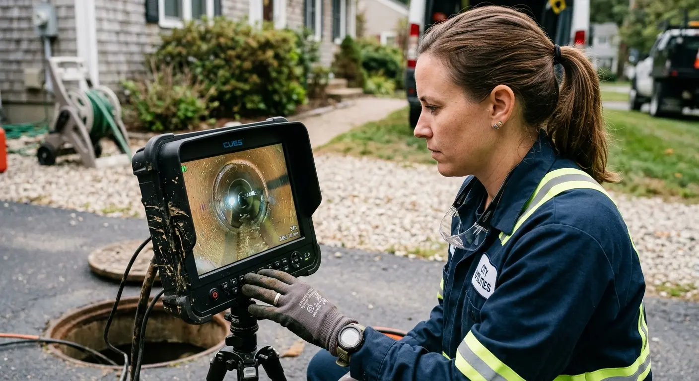 Technician reviewing sewer camera inspection footage in Valley Park