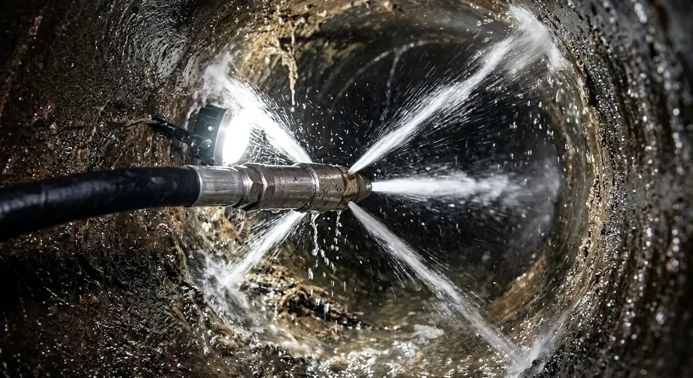 High-pressure hydro jetting nozzle cleaning sewer pipe for Trenchless Sewer Repair in Valley Park