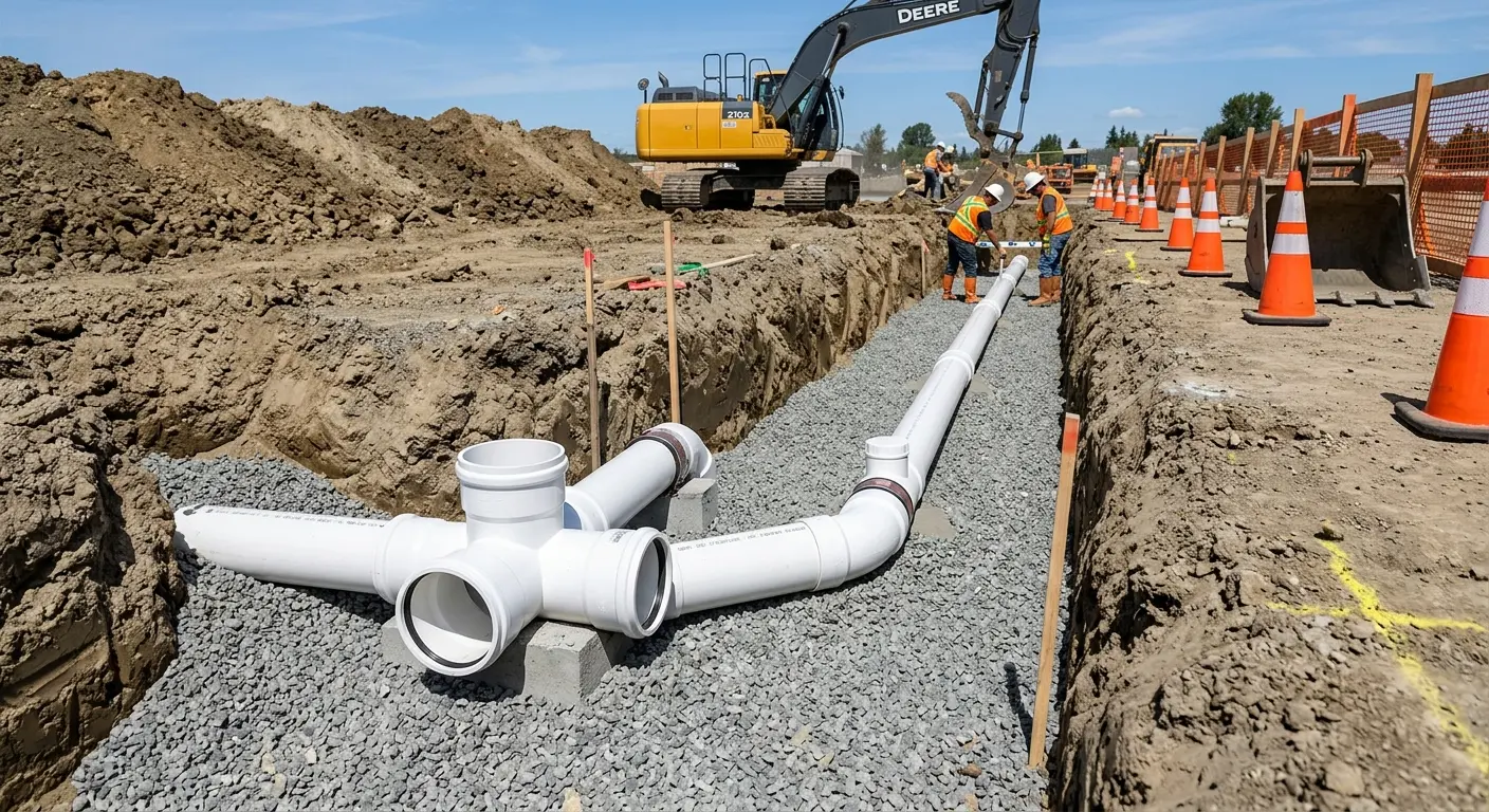 New PVC sewer pipe installation in open trench for Sewer Backup in Valley Park