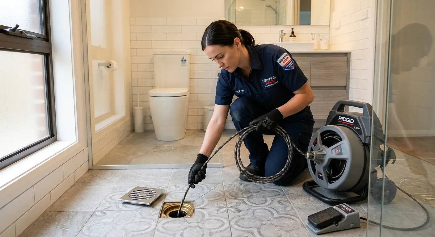 Technician clearing a bathroom floor drain for Clogged Drain Repair in Valley Park